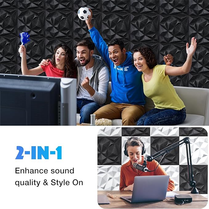 Acoustic 3D Wall Panels,24 Pack Sound Proof Felt Panels for Interior Wall Décor, Hollow Sound Absorbing Panel for Studio, Living Room, Home, Hotel, 12''x12'' Cover 24 sq ft (Black, 24 Pack)