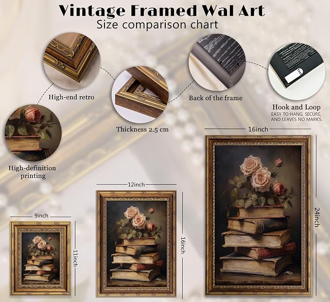 Vintage Gold Framed Retro Floral Books Wall Art Flowers Book Wall Decor Rose and Books Painting Pictures Retro Literary Pictures Artwork for study Gallery Living Room Bedroom 9X11in