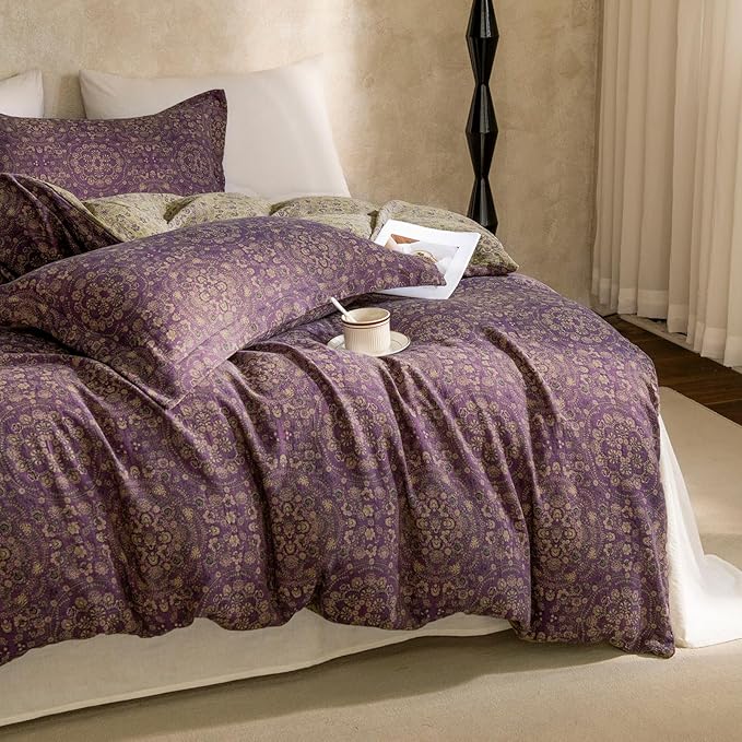 mixinni Purple Green Floral Duvet Cover King Size, Elegant Double-Layer Yarn Premium Cotton Vintage Duvet Cover Set, Exquisite Jacquard Design Bedding Set with 2 Pillowcases Perfect for Him and Her
