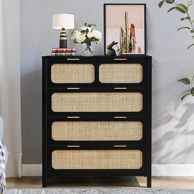 LEVNARY 4 Drawer Dresser for Bedroom, Rattan Dresser Drawers Storage Cabinet with Metal Handles, Wooden Chest of Drawers for Bedroom, Entryway, Living Room, Hallway (1, Black)