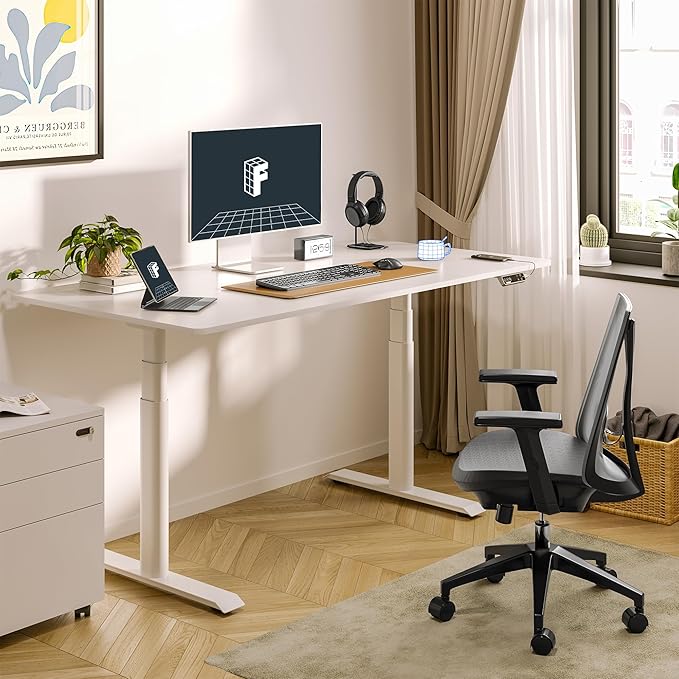 FLEXISPOT E6 Pro Oval Leg Dual Motor 3 Stages Standing Desk 60x24 Inch Whole-Piece Board Electric Height Adjustable Electric Sit Stand Up Desk 150KG Load Capacity (White Frame + White Desktop)