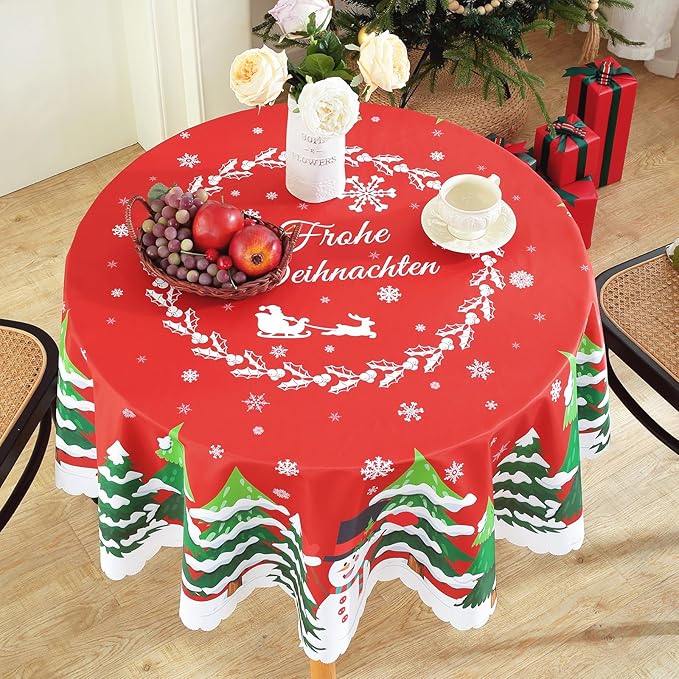 Eikione Christmas Tablecloth Round 60Inch, Christmas Tree+Santa Claus Table Cloth, Wipeable Table Cover for Picnic Party