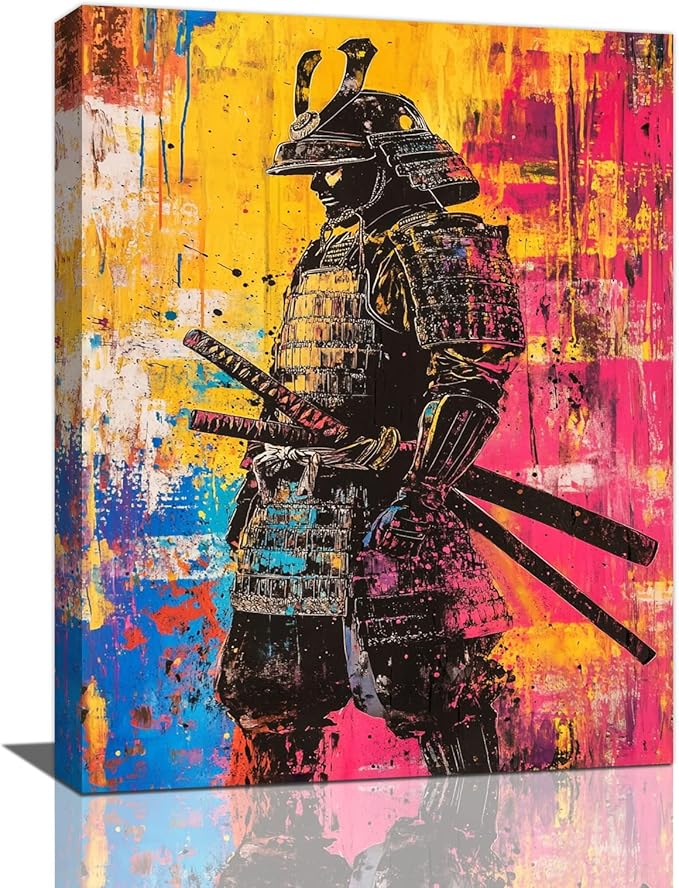 Japanese Wall Art, Graffiti Samurai Pictures Wall Decor, Banksy Samurai Canvas Prints, Japan Painting, Framed Artwork for Bathroom Living Room Bedroom Office Dining Room 24"X20"