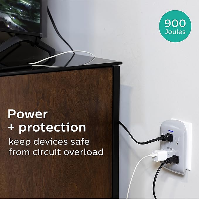 Philips 6-Outlet Extender Surge Protector, 900 Joules, 3-Prong, Space Saving Design, Protection Indicator LED Light, 2 Pack, Grey, SPP3466GR/37