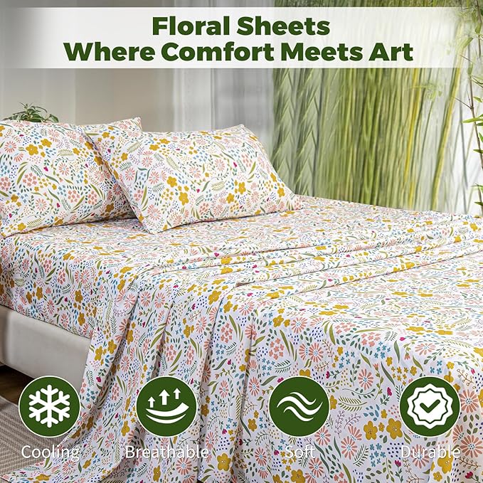 Bedlifes Extra Deep Pocket 18-24" King 4-Piece Sheet Set - Cooling Sheets Blend Rayon Derived from Bamboo Soft & Breathable,Featuring Floral