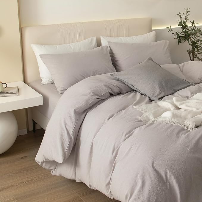 JIYUAN 100% Washed Cotton Duvet Cover Set 3 Pieces Queen, 1 Duvet Cover 90x90 Inches(Comforter Not Included) and 2 Pillowcases,Linen Feel Bedding Set Comfy and Breathable, Heathered Linen