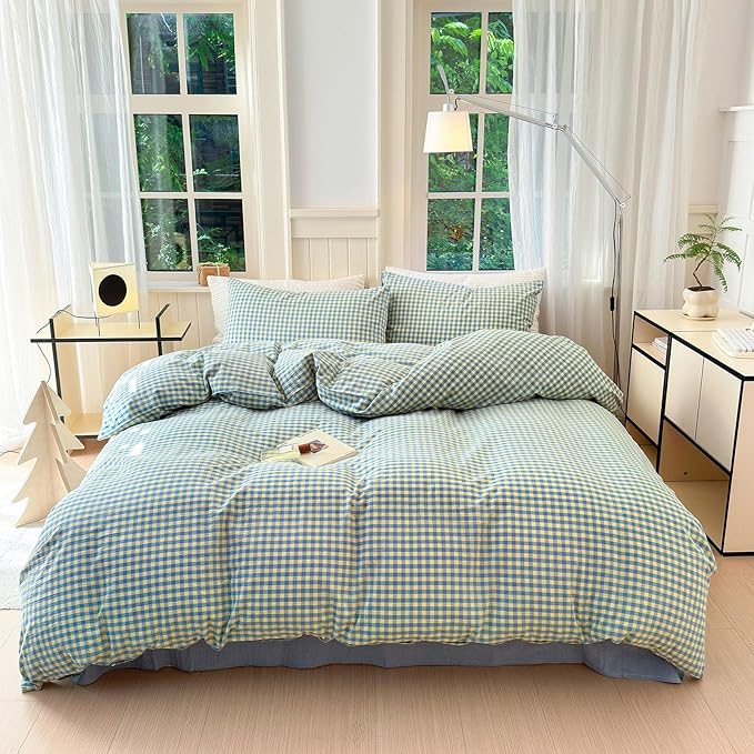 LifeTB Gingham Comforter Set Full Modern Style Blue Yellow Plaid Grid Bed Comforter 3 Pieces Soft Fluffy Checkered Pattern Comforter with 2 Pillowcases Farmhouse Gingham Bedding Set Breathable