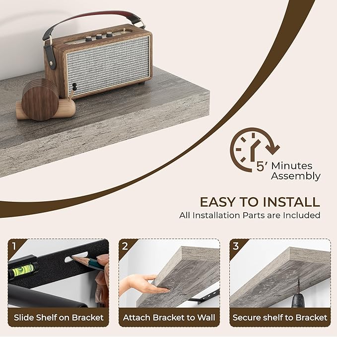 RICHFOCUS 8 Inch Floating Shelves for Wall Small Square Shelves Set for Bedroom|Kitchen|Bathroom|Laundry Room Rustic Wood Wall Mounted Shelf with Invisible Brackets for Books|Storage|Decor, Grey