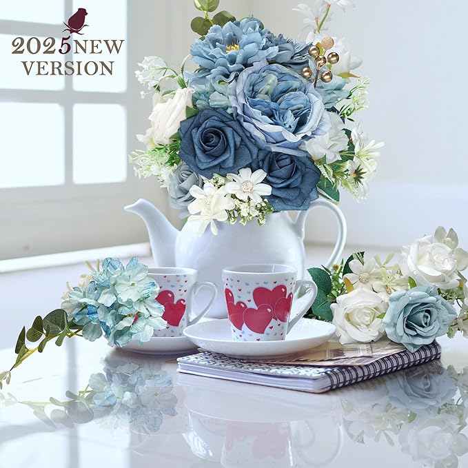 Blue Silk Flowers bulk Artificial - Fake Roses with Stems, Combo Dusty Blue Flowers for DIY Wedding Bouquets Bridal Shower Centerpieces, Home Decorations, Table Centerpieces, Floral Arrangement.