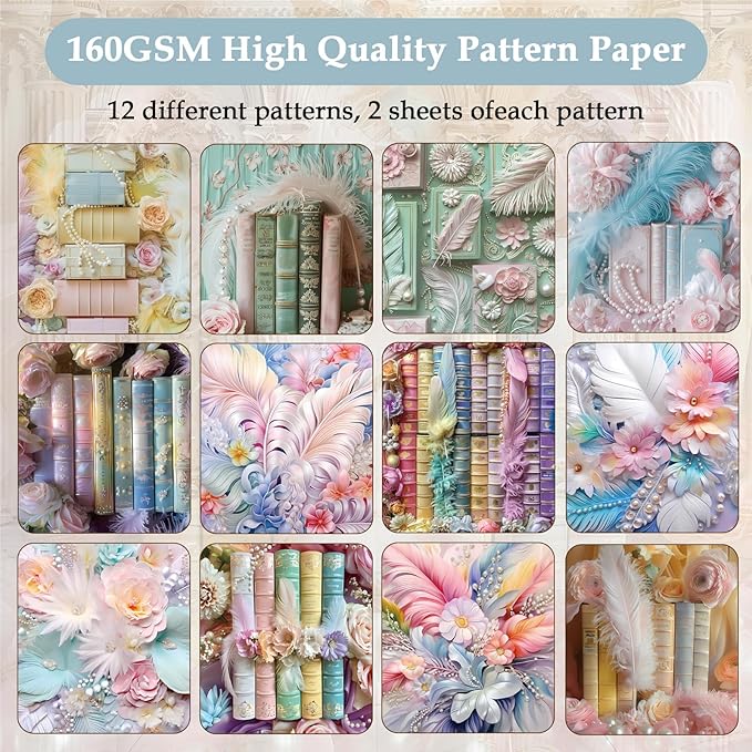 Scrapbook Paper,24 Sheets 6"x 6" Decorative Papers,Single-Sided Vivid Origami Decoupage Paper for Card Making,DIY Album, Hand Account & Travel Diary Craft Projects,Pearl Books