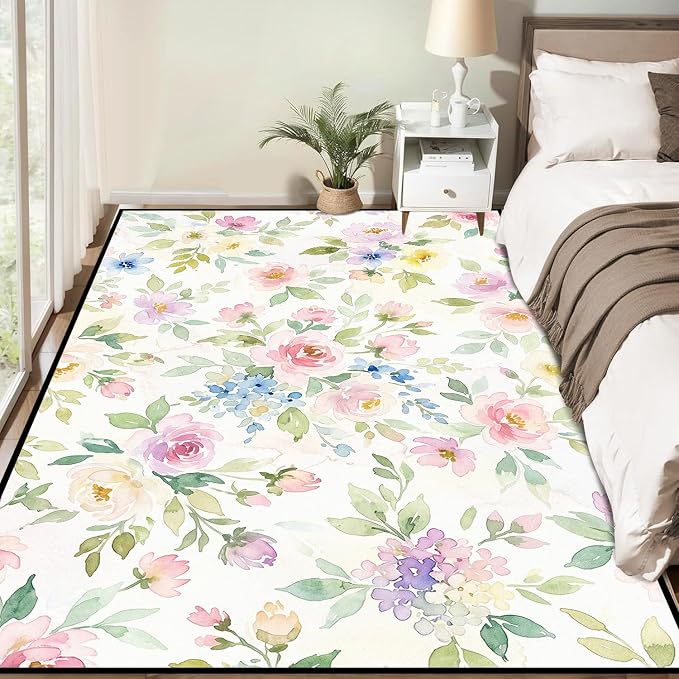 Watercolor Floral Rug 5'x7' Soft Pastel Botanical Area Rug for Entryway Bedroom Living Room Nursery Kitchen Playroom Home Decor Low Pile Non-Slip Washable Carpet
