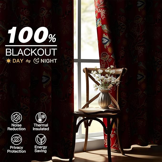 XiDi Christmas Red Floral Curtains 84 Inches Long 2 Panels 100% Blackout Vintage Leaf Patterned Curtains for Living Room Bedroom Thermal Insulated Room Darkening Luxury Colorful Drapes Grommet 52x84