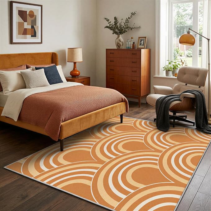 Terracotta Arch Area Rug 4 x 5 ft, Mid-Century Modern Geometric Rug, Burnt Orange Cream Abstract Washable Rug, Soft Low Pile Non-Slip Carpet for Living Room Bedroom