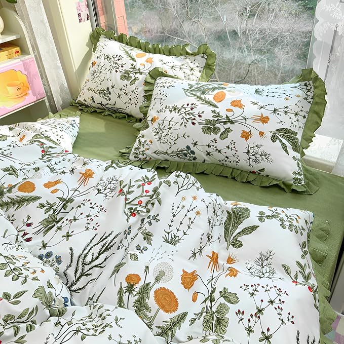 Vintage Green Floral Duvet Cover King 100% Cotton Ruffle Duvet Cover Aesthetic Flower Comforter Cover Green Ruffle Bedding Cottagecore Comforter Cover Boho Farmhouse Duvet Cover with Zipper Closure