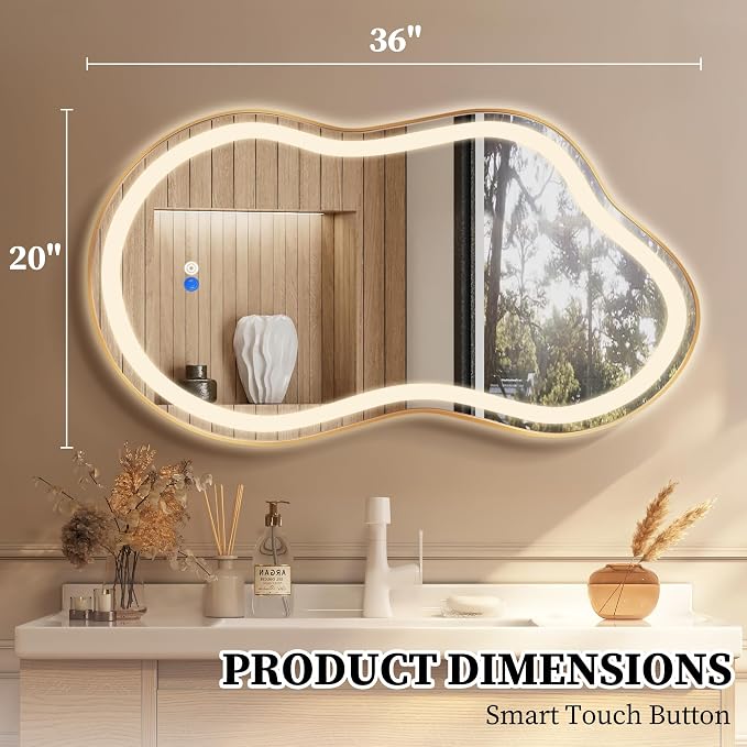 Irregular LED Bathroom Mirror with Lights, Cloud Smart Backlit Mirror, Dimmable Lighted Bathroom Gold Mirror with Anti-Fog, Asymmetrical Vanity Mirror Hangable 2 Ways (Gold, 20 x 36, 1 Pack)