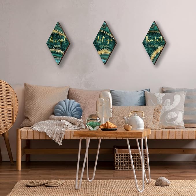 3Pcs Green Gold Bathroom Decor Green Gold Wall Decor with Accept Let Go Have Faith Quote Rustic Vintage Farmhouse Wooden Hanging Signs for Home Laundry Living Bedroom(12x7 inch)