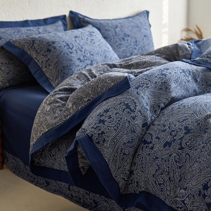 Vintage Navy Blue Duvet Cover Set King Paisley Print Duvet Cover Yarn-Dyed Cotton Jacquard Bedding Comforter Cover Boho Flower Paisley Bedding Set Farmhouse Style Breathable Duvet Cover for Men Women