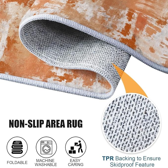 5x6 Washable Area Rug, Orange Color Retro Distressed Textured Design Non Slip Non-Shedding Rug Easy Care for Living Room Bedroom Kitchen Office Carpet