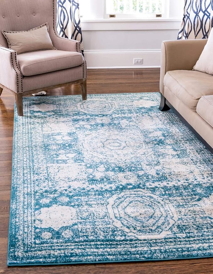 Unique Loom Bromley Collection Area Rug - Wells (9' x 12' 2" Rectangle, Turquoise/ Ivory)