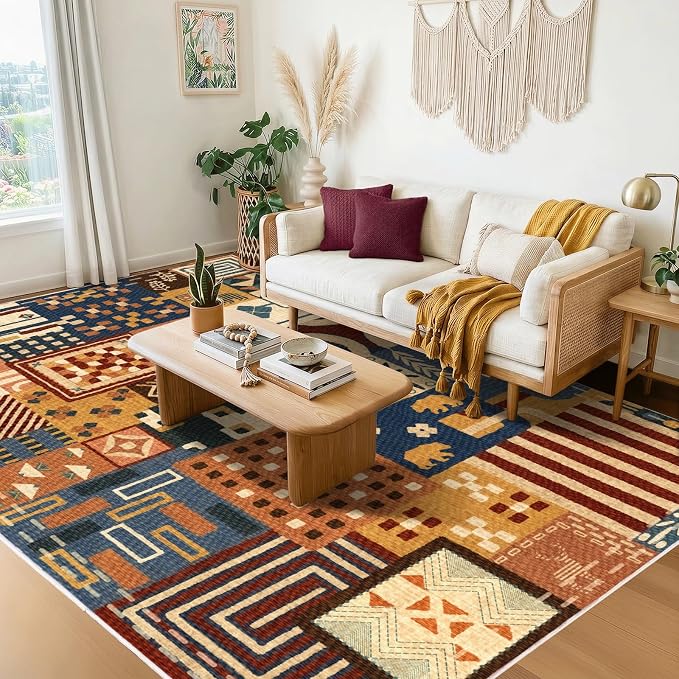 Southwestern Area Rugs for Living Room, 6x9 Boho Tribal Geometric Colorful Patchwork Carpet, Washable Non Slip Low Pile Indoor Rug for Bedroom Dining Room Office Home Hardwood Floor