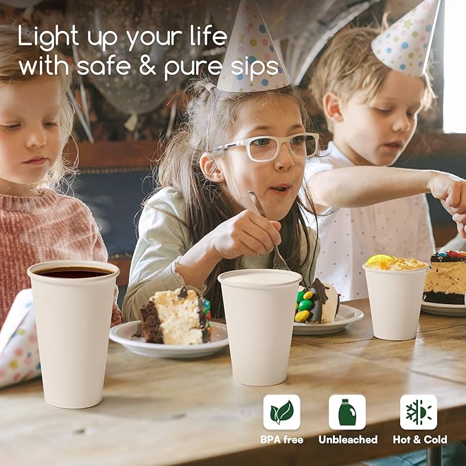 Finepak White Paper Cups 8 oz Disposable Coffee Cups, 300 Pack BPA Free Hot Cups, 300GSM Thickened White Disposable Cups, Bulk Small Drink Cups for Everyday Office Coffee Bar Supply Party Essentials