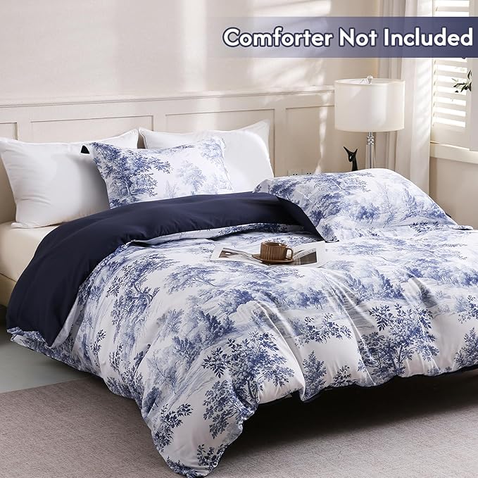 LONAVA King Botaincal 3 Pcs Duvet Cover Set, Breathable Soft Microfiber Navy Lining Comforter Cover with Zipper Closure, and 2 Anti-Pilling, Fade Resistant Pillowcases, Blue Forest