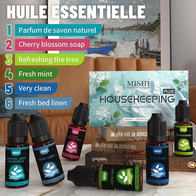 MISIJI Housekeeping Essential Oils Set for Diffuser,Pure Aromatherapy Oil for Diffuser,Candle Making,Natural Soap Scent,Cherry Blossom Soap,Fresh Mint,Fresh Linen,Air Freshener,Extra Clean