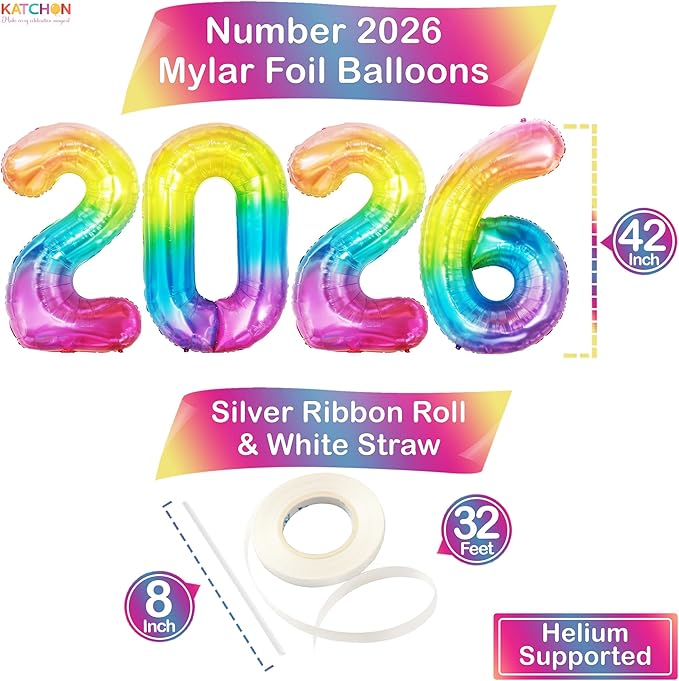 KatchOn, Large 2026 Number Balloons - 42 Inch | 2026 Foil Balloons for New Year Decorations 2026 | Neon Multicolour Balloon Numbers for Birthday Decorations | New Years Eve Party Supplies 2026