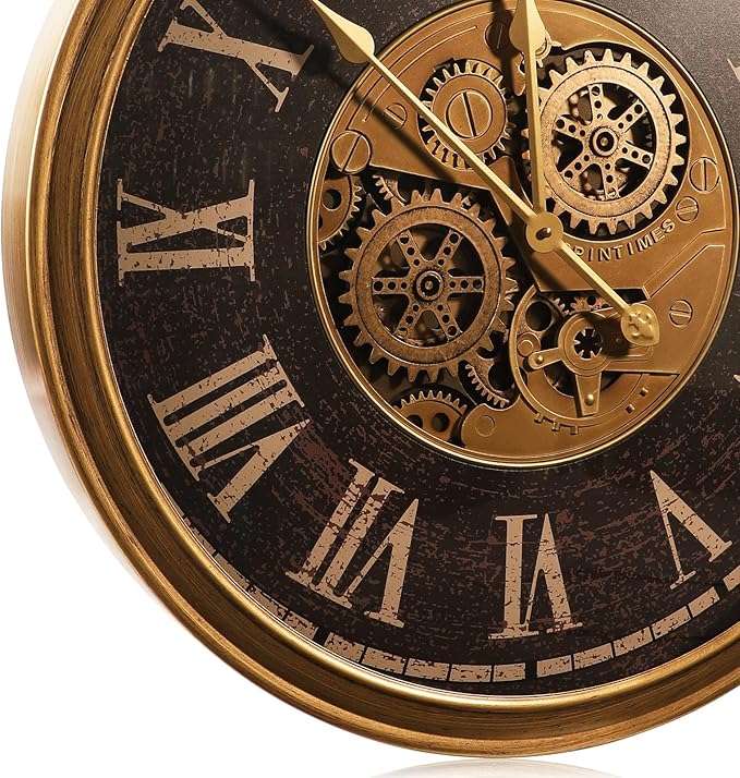 October Elf Large Real Moving Gears Wall Clock 24 Inch Vintage Industrial Steampunk Large Big Metal Wall Clock for Living Room Decor (24 Inch Roman Antique Brass Brown)