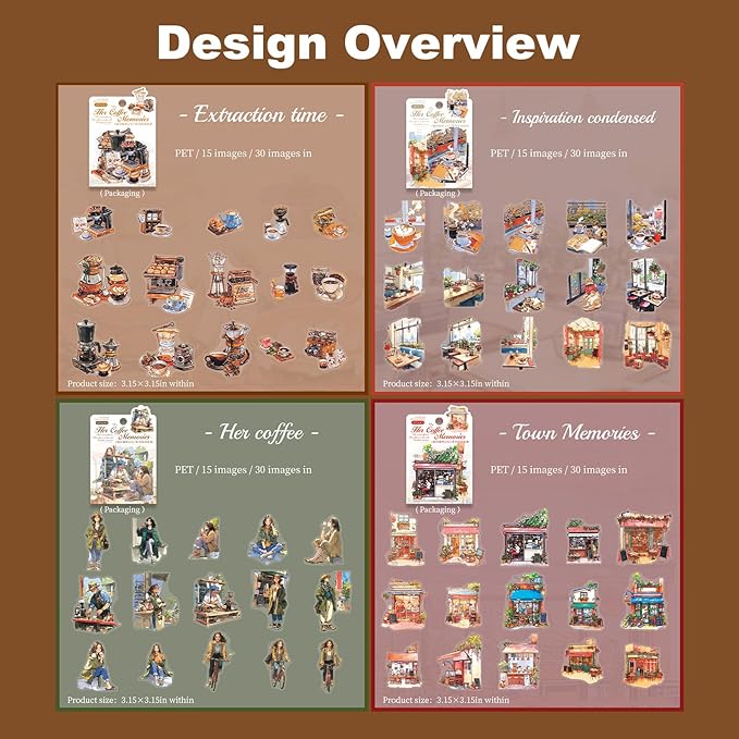 AuriicLeaf Coffee Memories PET Stickers, 120 PCS Vintage Cafe Scene Stickers for Scrapbook, Journals, Planners and DIY Craft Decoration