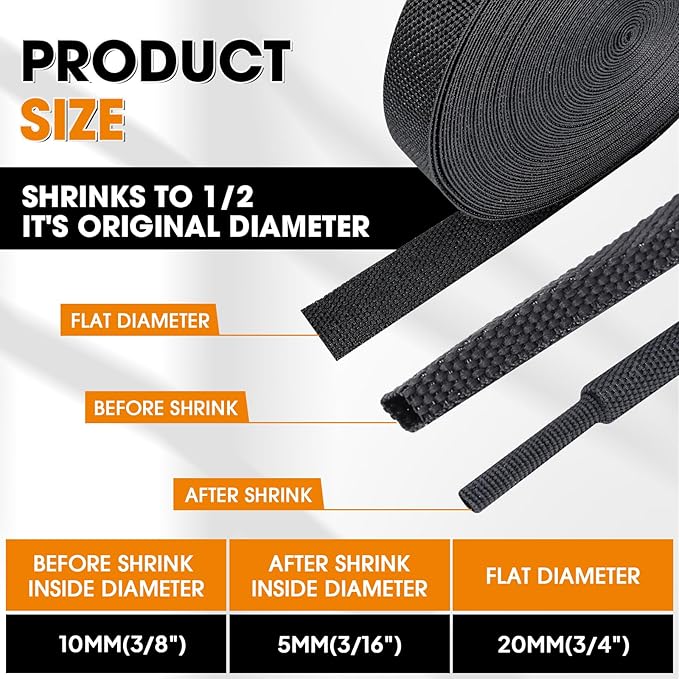 SUNNAREPOON Black 2:1 Ratio Automotive Heat Shrink Braided Sleeving,Wear-Resistant Flat Woven Shrinkable Sleeve Fabric Car Cable Wires Hoses Protection (3/8"-66ft)