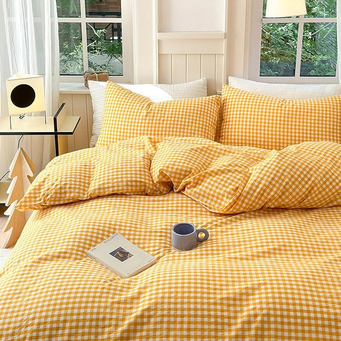 LifeTB Twin XL Comforter Set 3 Pieces Yellow Gingham Comforter Set Geometric Checkered Plaid Printed Bedding Comforter for All Seasons Fluffy Soft Lightweight Gingham Plaid Bedding Set Twin XL