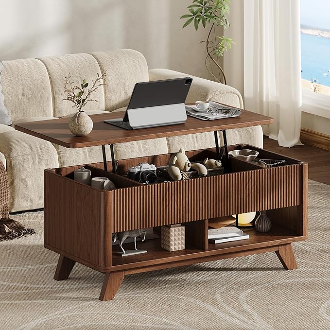 ONBRILL Farmhouse Lift Top Coffee Table, Mid Century Modern Coffee Table with Hidden Storage Compartment, Fluted Rising Pull up Wood Modern Center for Living Room, Office, Walnut