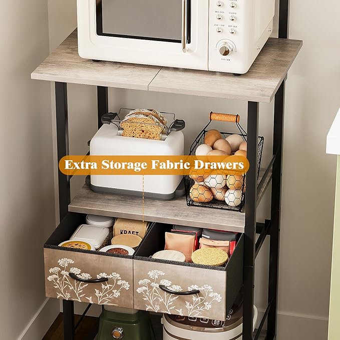 GiftGo Small Coffee Bar Station Narrow Corner Baker Rack Stand with 2 Storage Fabric Drawers 5 S Hooks for Small Spaces Farmhouse Bakers Rack for Kitchen, Entryway, Living Room (Grey, Narrow)