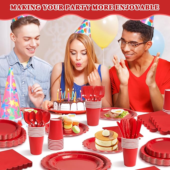 Vyntra 350 PCS Disposable Plates for Party, Paper Plates & Napkins Set with Cups, Knives, Forks, Spoons, 7'' Dessert and 9'' Dinner Plates for Birthday, Christmas, Valentine's Day - Red