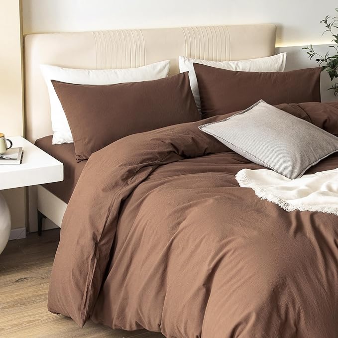 JIYUAN 100% Washed Cotton Duvet Cover Set 3 PCS Oversized King Plus, 1 Duvet Cover 128"x120"(Comforter Not Included) and 2 Pillowcases,Linen Feel Bedding Set Comfy and Breathable,Chocolate Brown