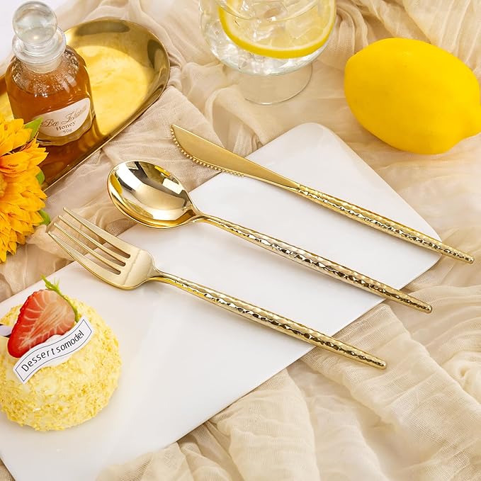 Rubtlamp 90Pcs Christmas Gold Plastic Silverware, Gold Disposable Christmas Utensils, Hammered Plastic Silverware, Gold Plastic Forks And Spoons Set Include 30 Forks, 30 Knives,30 Spoons