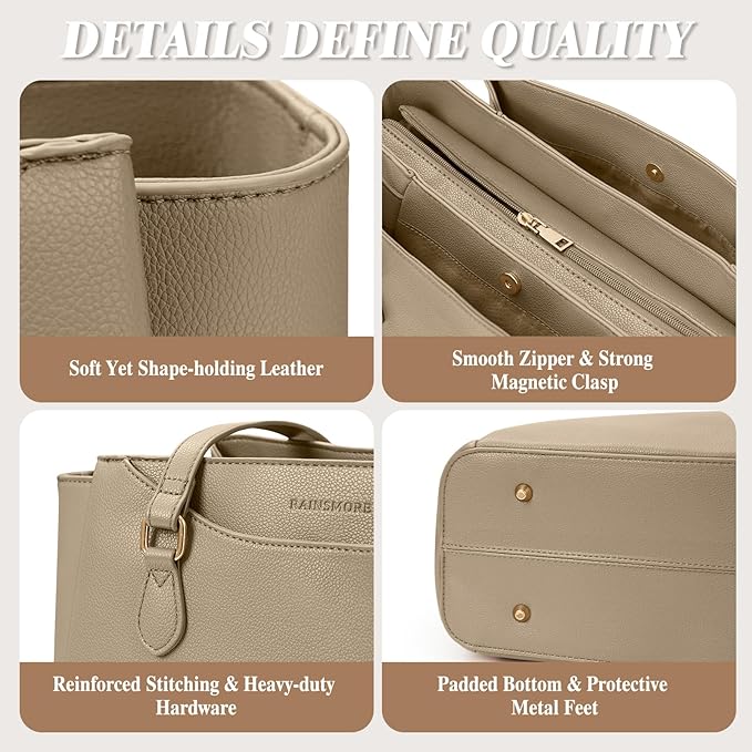 RAINSMORE Laptop Bag for Women 15.6 Inch Work Tote Bags Waterproof Computer Bags Leather Professional Laptop Purse Womens Laptop Briefcase Large Handbag for Office Teacher Travel, Beige