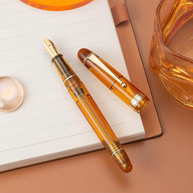 Asvine V126 Vacuum Filling Fountain Pen, Transparent Brown Acrylic Stub Nib 1.1mm Calligraphy Art Drawing with Case Set