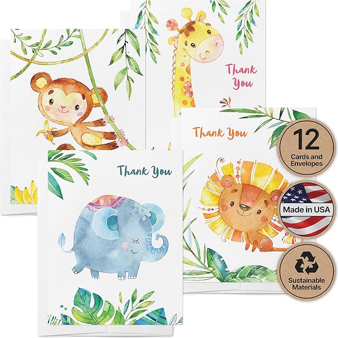 Twigs Baby Shower Thank You Cards with Envelopes - 12 Set Simple Baby Shower Cards, New Baby Congratulations Cards, Welcome Baby Card, Made in the USA - Jungle Animal Designs, 5.5 x 4.25 Inch Size