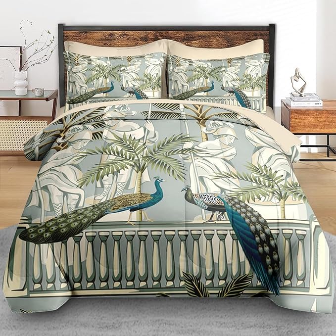 Comforter Set Twin Size, Peacock Bird Animal 5 Pcs Bedding for Kids and Adults, Floral Botanical Grey Green Bed Sheet Sets with Fitted Sheet Pillowcase & Sham for Bedroom Bed Decor