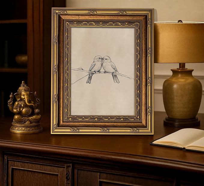 Vintage Gold Framed Bird Canvas Wall Art Two Birds Sketch Wall Decor Vintage Farmhouse Sketch Animals Artwork Retro Birds Painting Retro Rustic Print for Farmhouse Bedroom Living Room 9X11in