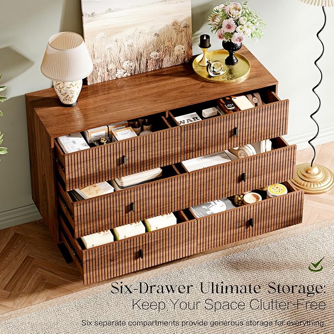 Chrangmay Modern Chest of Drawers with 6 Drawers,Deep Drawers,Clothes Organizer,Large Storage Cabinet for Living Room, Bedroom,Hallway,with Anti-Tipping Device,Brown