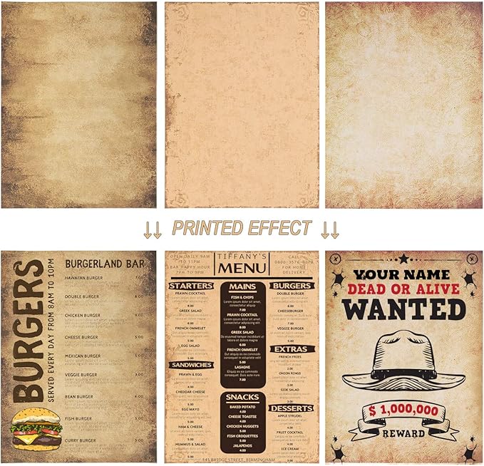 CenterZ 60 Sheets 6 Style Antique Stationary Paper, 8.3 x 11.2 inch A4 Size 100gsm Kraft Double-side Printable Old Aged Vintage Letter Writing Stationery Set for Classic Letters, Poems, Lyrics, Notes