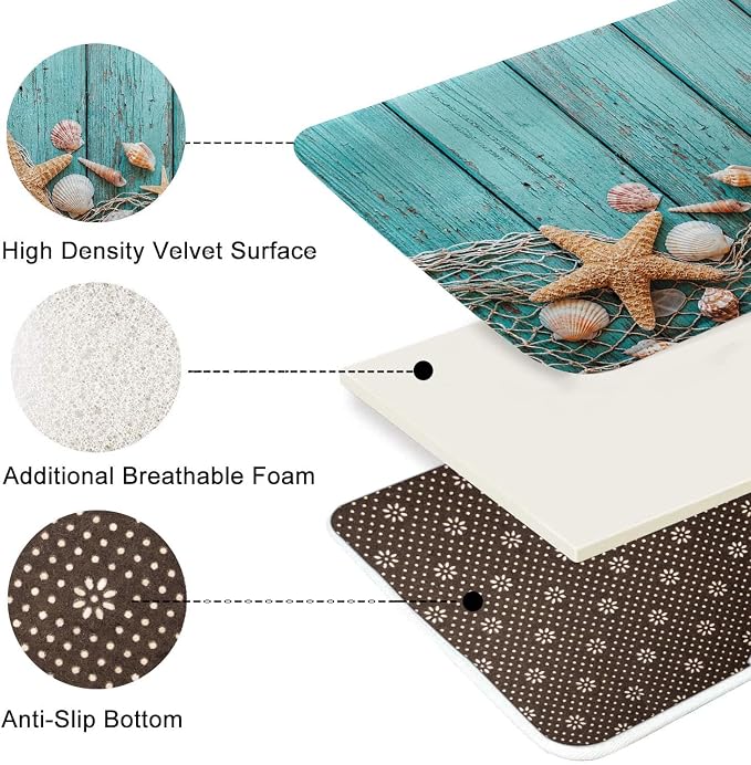 Britimes Bath Mat for Bathroom, Beach Seashells Starfish Sand Washable Cover Floor Rug Carpets Floor Mat Bathroom Decorations 20x32 Inches for Kitchen Bedroom Indoor