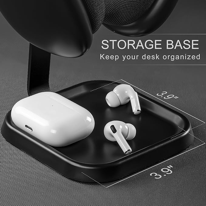 QinCoon Headphone Stand, Curved Headset Stand with Storage Tray, Gaming Headset Holder for AirPods Max, AirPods Max 2, AirPods, AirPods Pro, Beats, Bose, Sony and More (Black)