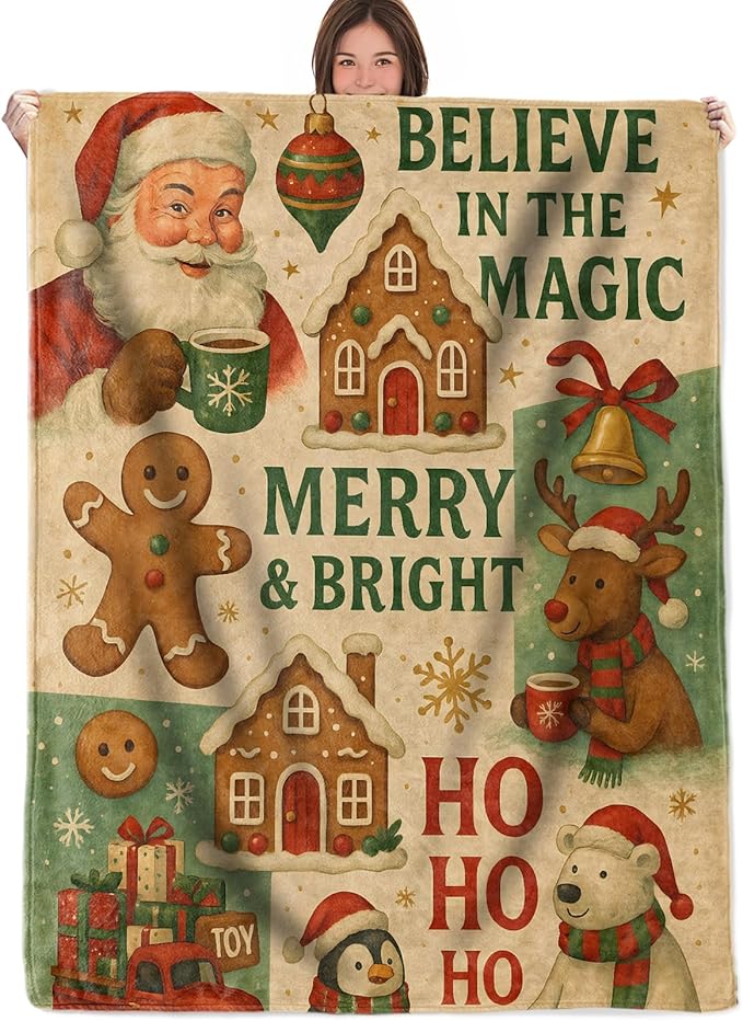 Christmas Throw Blanket Gifts for Boys Girls Kids Adults, Santa Reindeer Gingerbread Flannel Blankets for Travel Sofa Living Room Decor 40"x50"