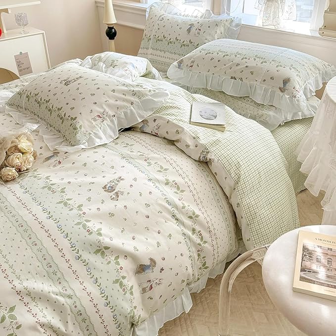 Ruffle Floral Comforter Girls Flower Comforter Set Queen Aesthetic Leaves Floral Bedding Comforter with Cute Rabbit Reversible Green Plaid Comforter Princess Bedding Botanical Comforter Set