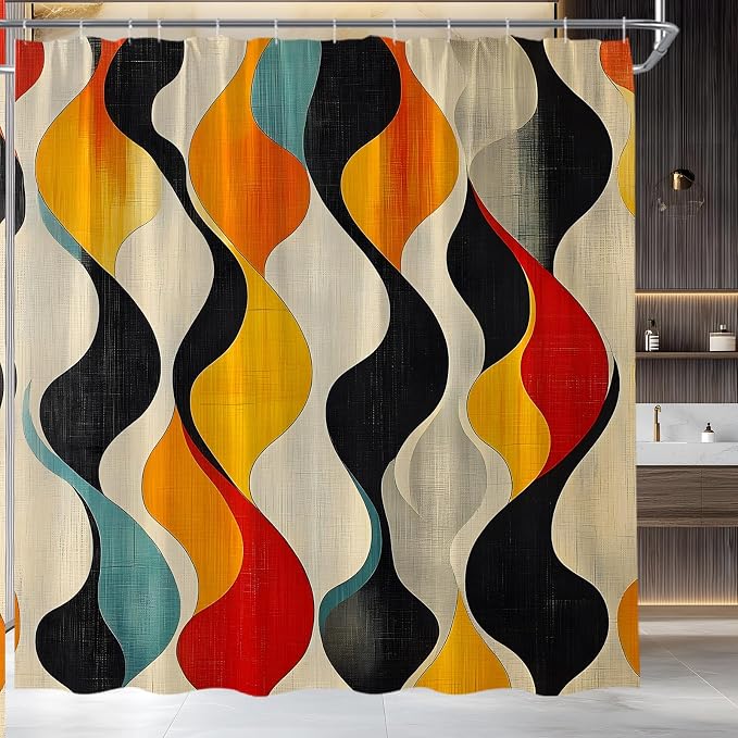 Mid Century Shower Curtain Boho Minimalist Modern Abstract Aesthetic Geometric Striped Atomic Retro Earthy Fabric Bathroom Decor Set with Hooks(74.8" Wx70 H)