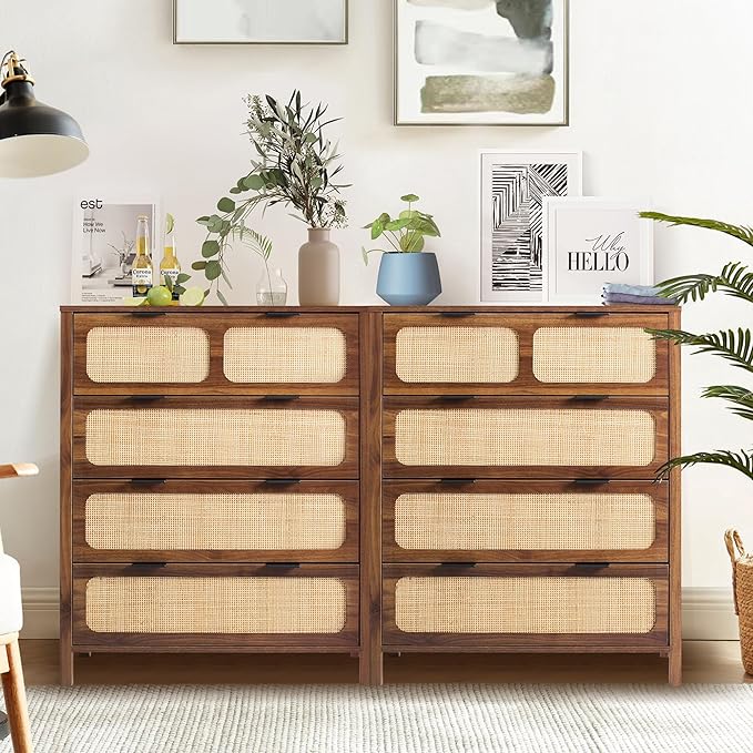 LEVNARY 4 Drawer Dresser Set of 2, Rattan Dressers Storage Cane Cabinet, Wooden Chest of Drawers Dresser for Bedroom, Entryway, Living Room (2, Walnut)